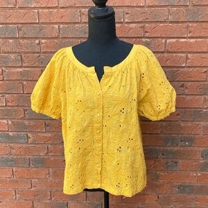 Calypso Yellow Eyelet Floral Embroidery Top L